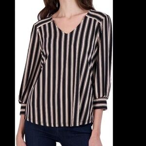 🖤Adrianna Papell Black Striped V-Neck Knit Blouse  Versatile Workwear Chic- M